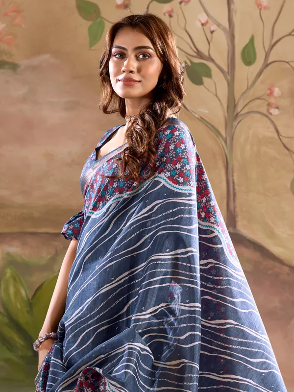Blue printed silk saree for celebrations