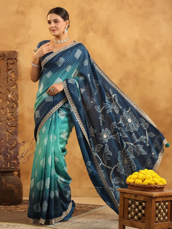 Blue printed silk saree with resham and sequins work