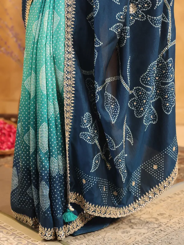 Blue printed silk saree with resham and sequins work