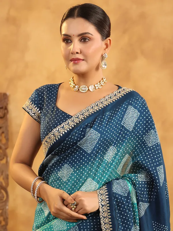 Blue printed silk saree with resham and sequins work