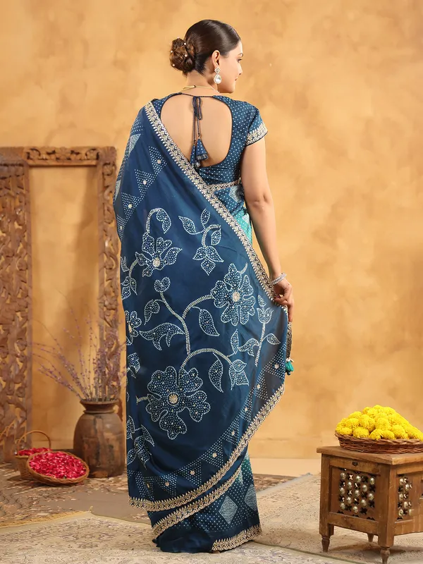 Blue printed silk saree with resham and sequins work