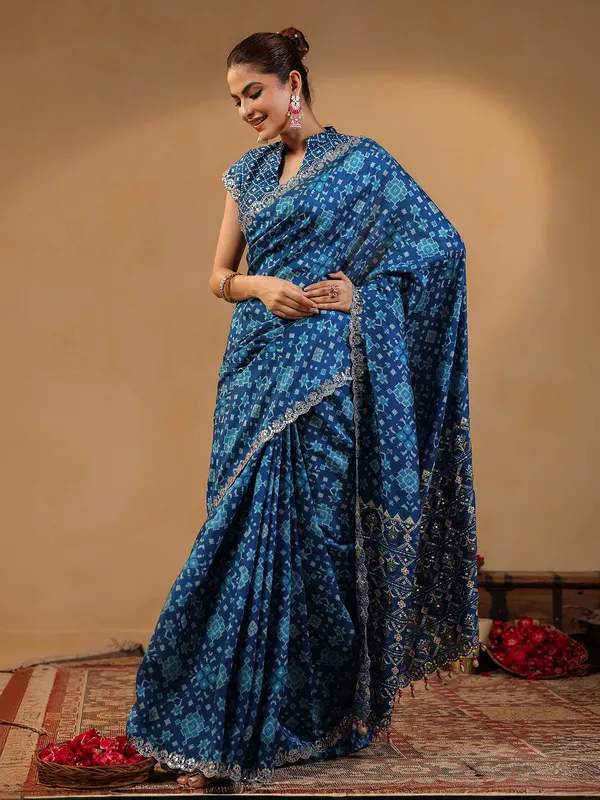 Blue printed silk saree with resham detailing