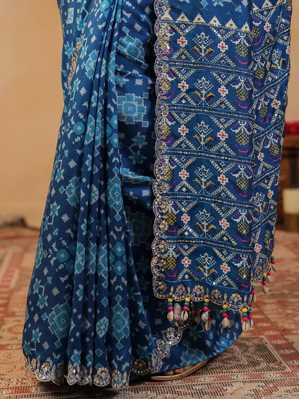 Blue printed silk saree with resham detailing