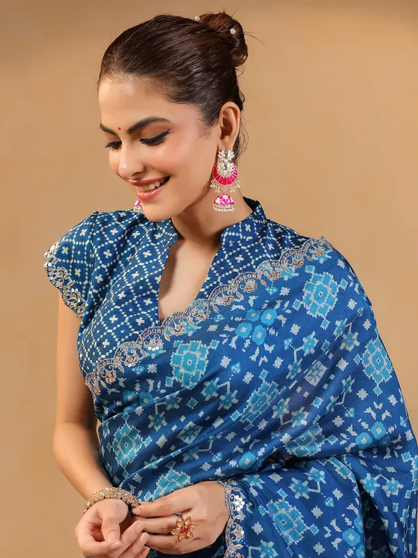Blue printed silk saree with resham detailing