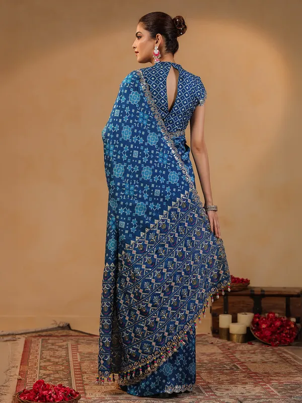 Blue printed silk saree with resham detailing