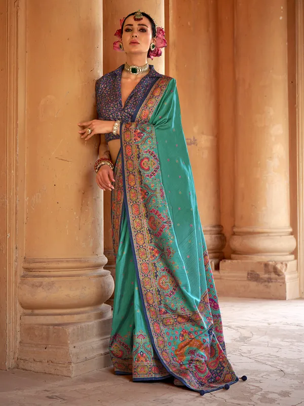Blue printed silk saree with unstitched blouse for celebrations