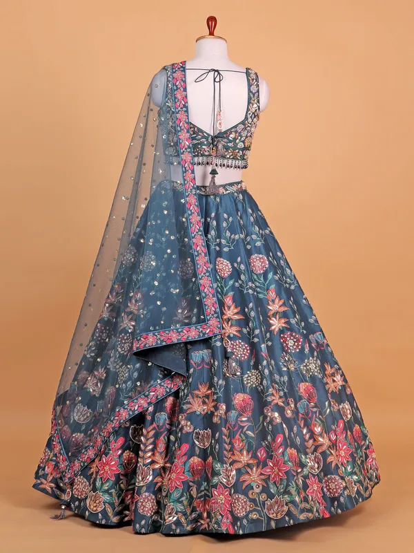 Blue printed silk sweet heart choli suit