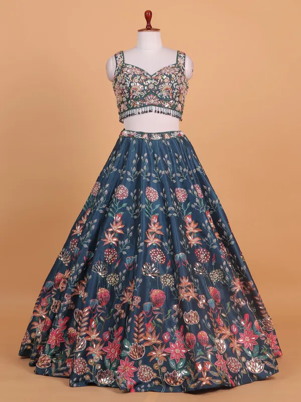 Blue printed silk sweet heart choli suit
