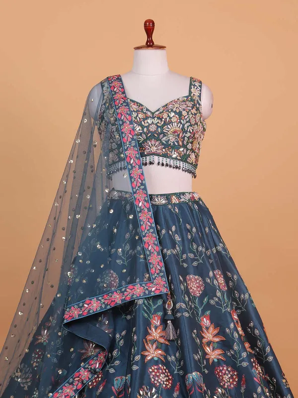 Blue printed silk sweet heart choli suit