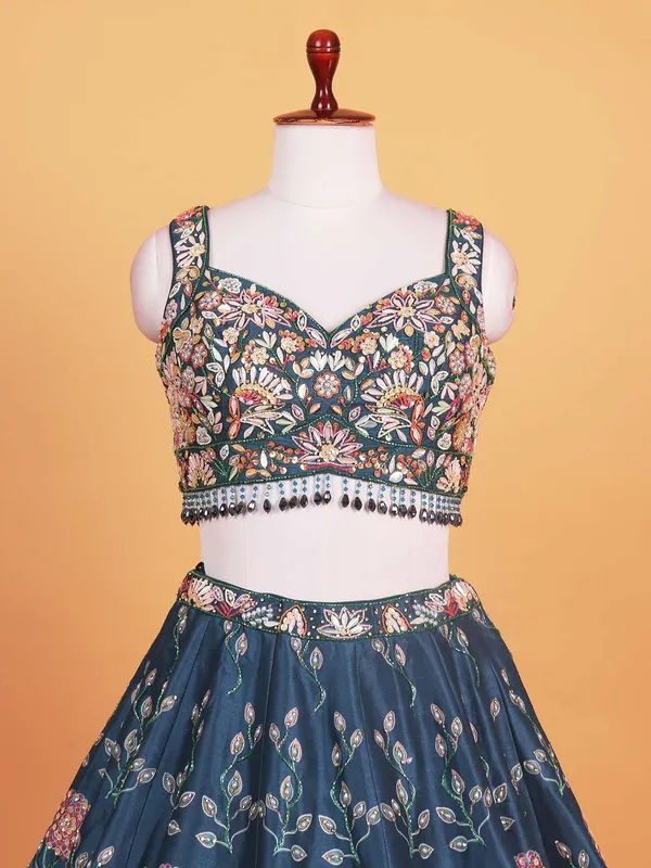 Blue printed silk sweet heart choli suit