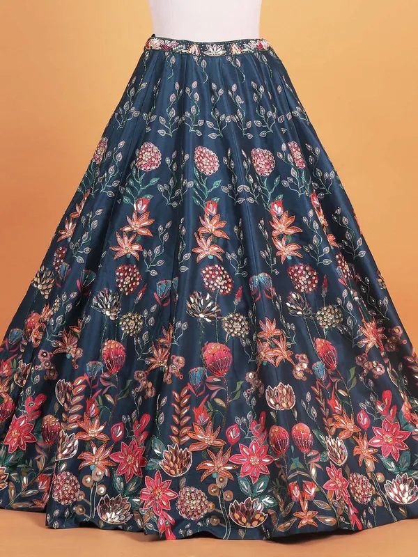 Blue printed silk sweet heart choli suit