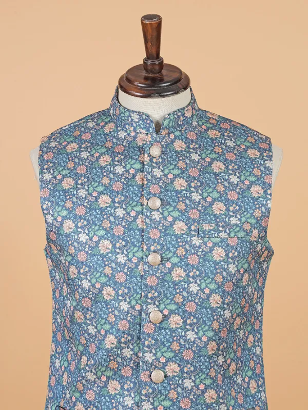 Blue printed silk waistcoat for festival