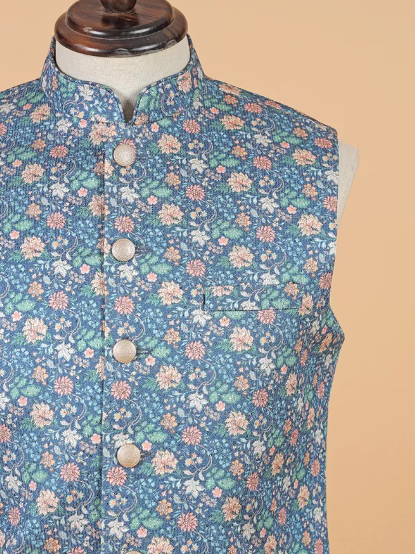 Blue printed silk waistcoat for festival