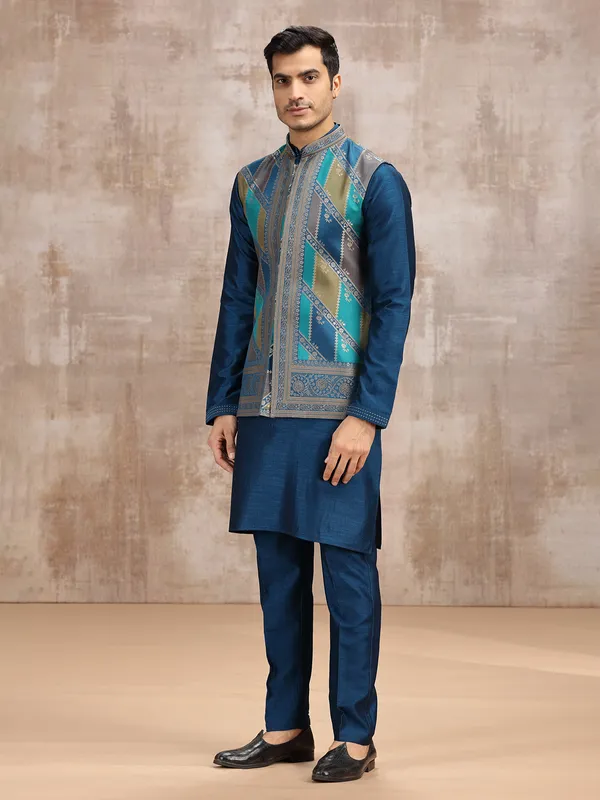 Blue printed silk waistcoat set for wedding wear