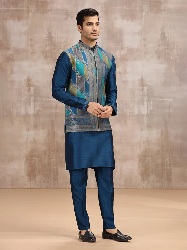 Blue printed silk waistcoat set for wedding wear