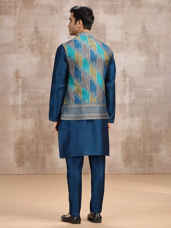 Blue printed silk waistcoat set for wedding wear