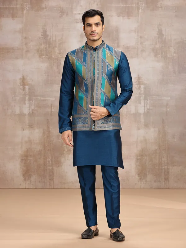 Blue printed silk waistcoat set for wedding wear