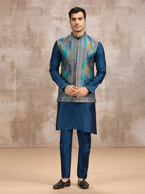 Blue printed silk waistcoat set for wedding wear