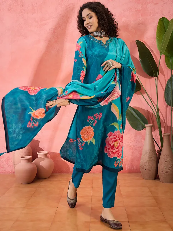Blue printed silk women kurti set
