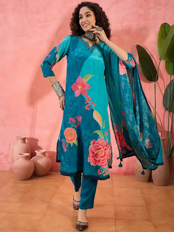 Blue printed silk women kurti set