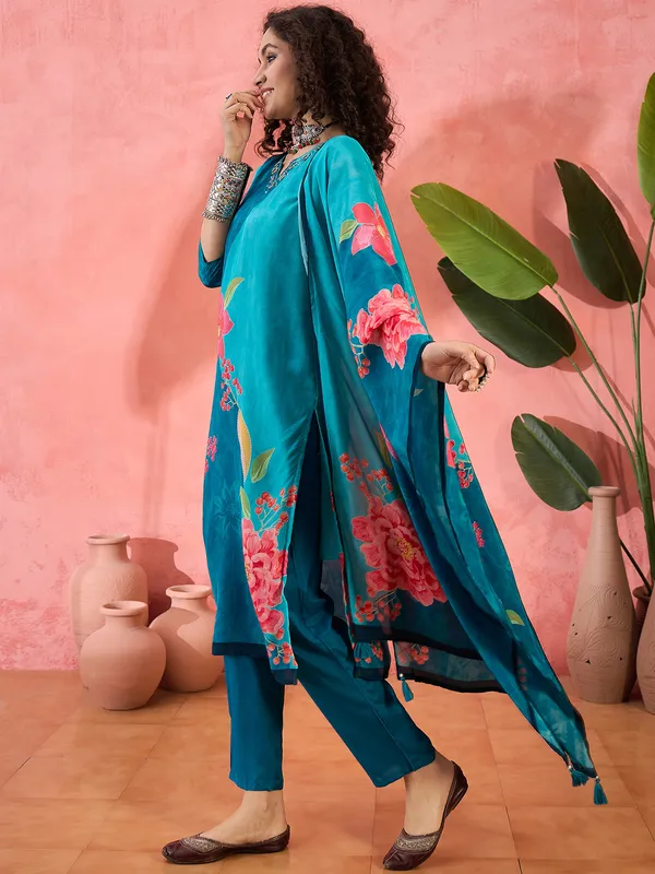 Blue printed silk women kurti set