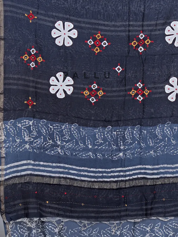 Blue printed tusser silk saree with thread work