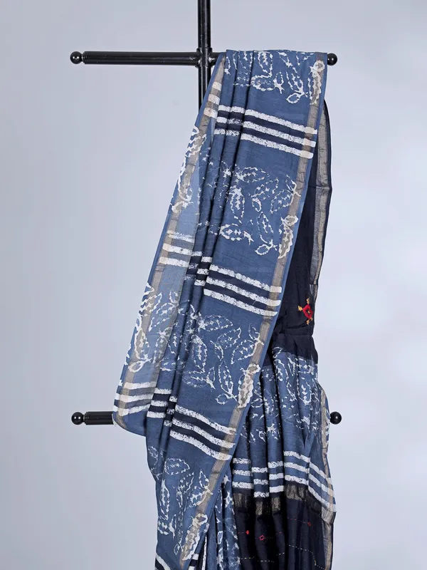 Blue printed tusser silk saree with thread work