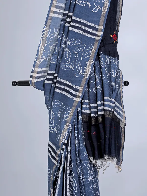 Blue printed tusser silk saree with thread work