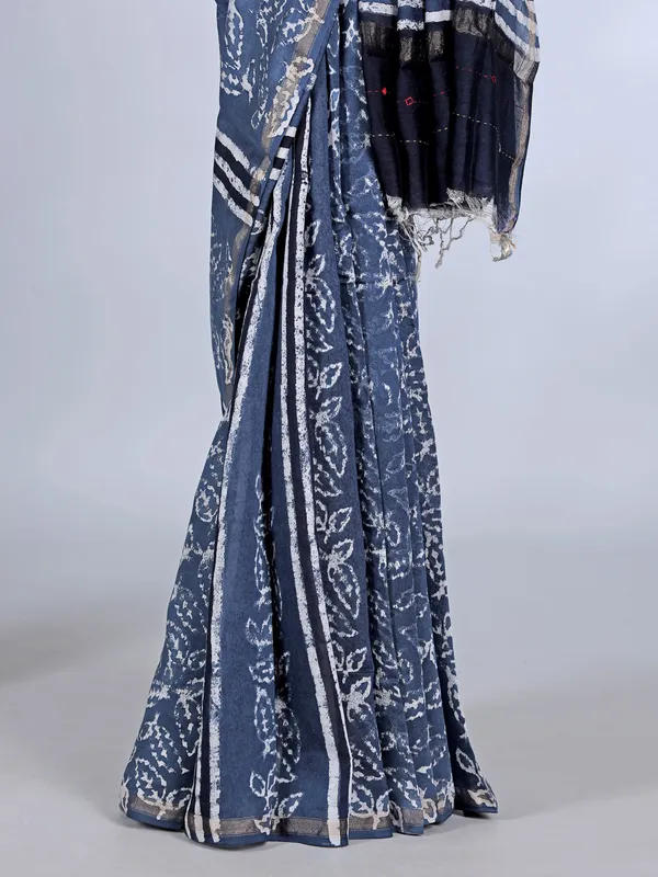 Blue printed tusser silk saree with thread work