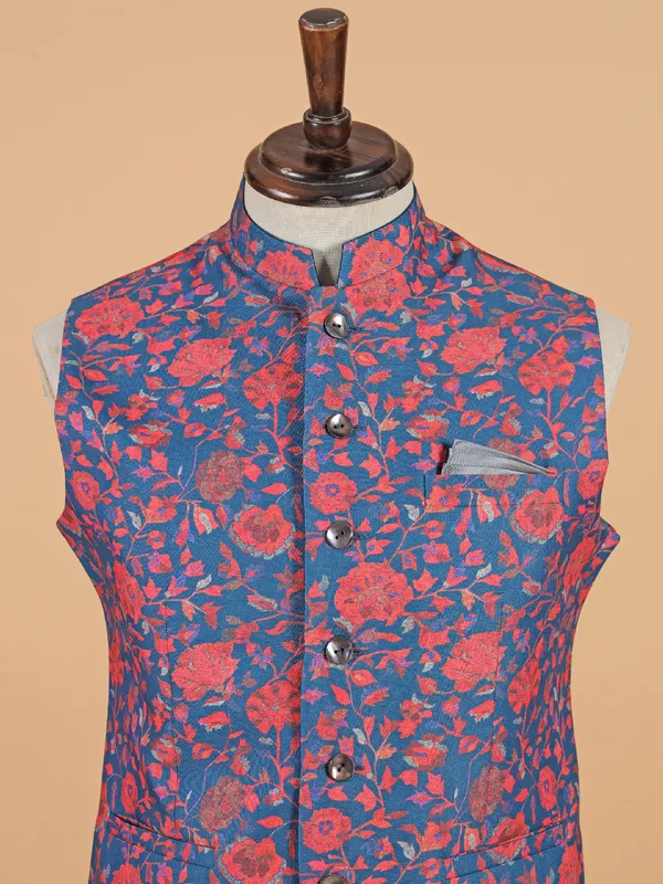 Blue printed waistcoat in silk for men