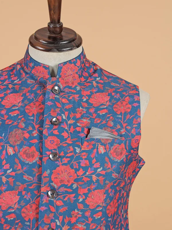 Blue printed waistcoat in silk for men
