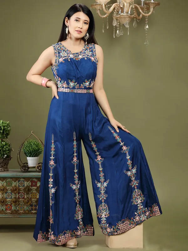 Blue raw silk jumpsuit