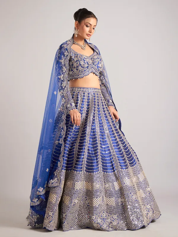 Blue raw silk lehenga choli with mirror work