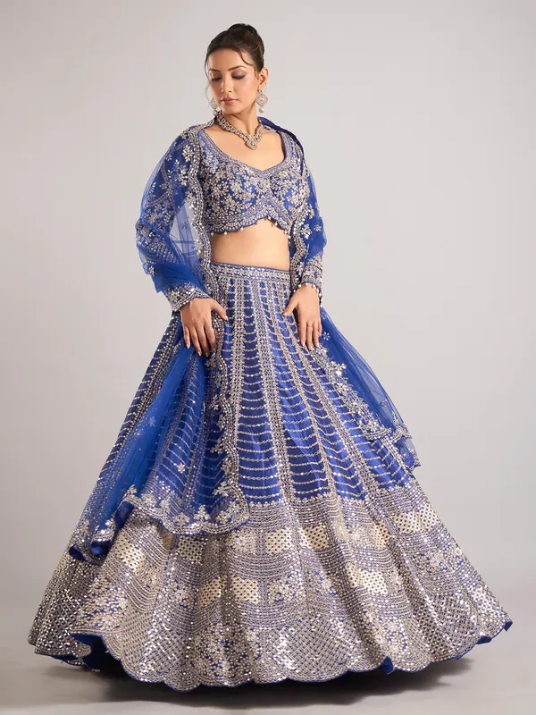 Blue raw silk lehenga choli with mirror work