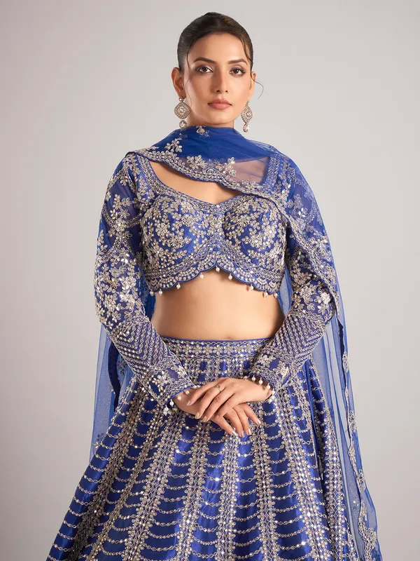 Blue raw silk lehenga choli with mirror work