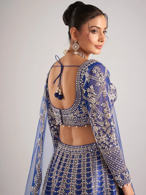 Blue raw silk lehenga choli with mirror work
