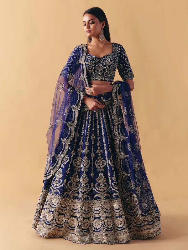 Blue raw silk lehenga choli with resham and zardosi shine