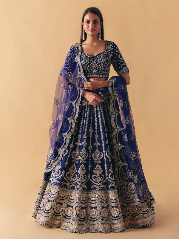 Blue raw silk lehenga choli with resham and zardosi shine