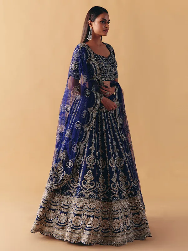 Blue raw silk lehenga choli with resham and zardosi shine
