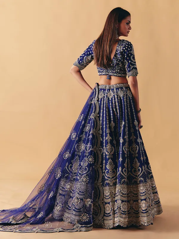 Blue raw silk lehenga choli with resham and zardosi shine