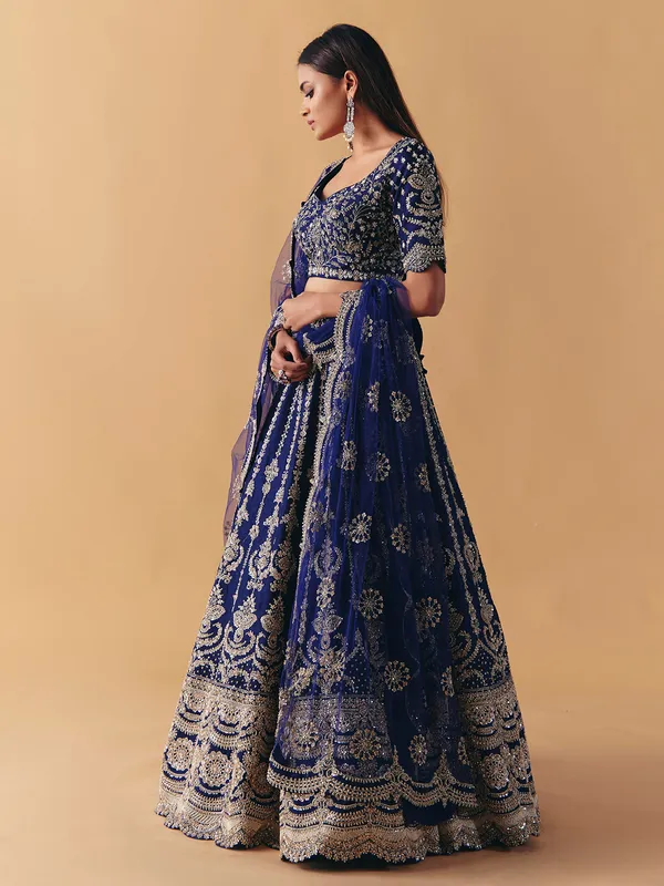 Blue raw silk lehenga choli with resham and zardosi shine