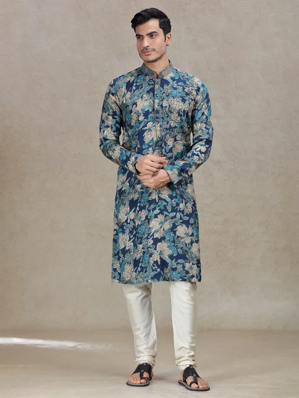 Blue regal elegance printed kurta suit in tussar silk