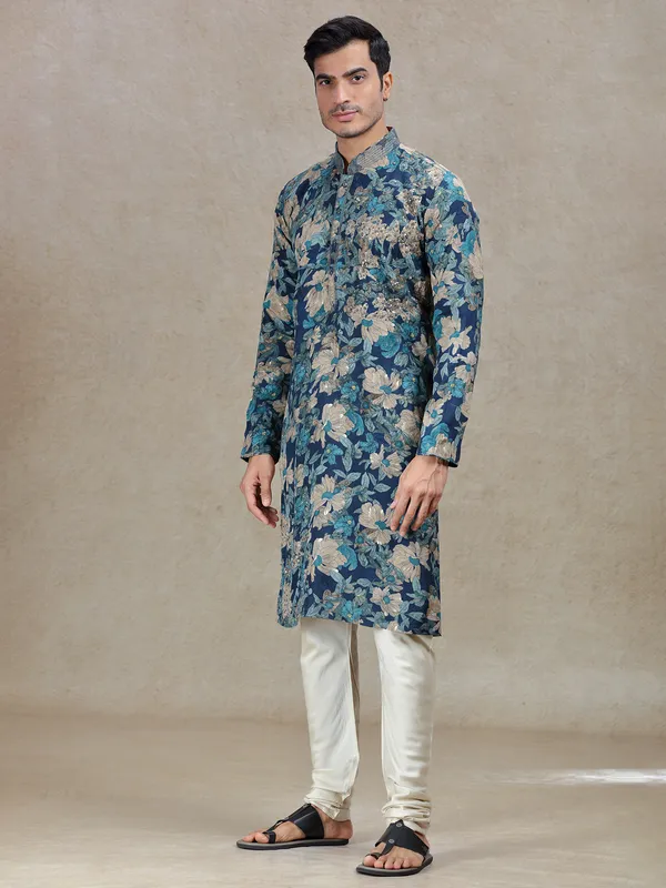 Blue regal elegance printed kurta suit in tussar silk