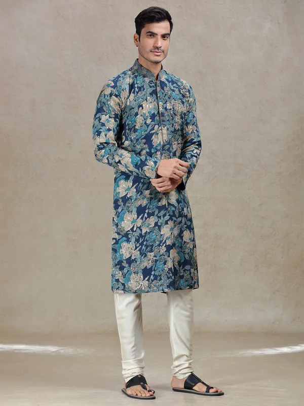 Blue regal elegance printed kurta suit in tussar silk