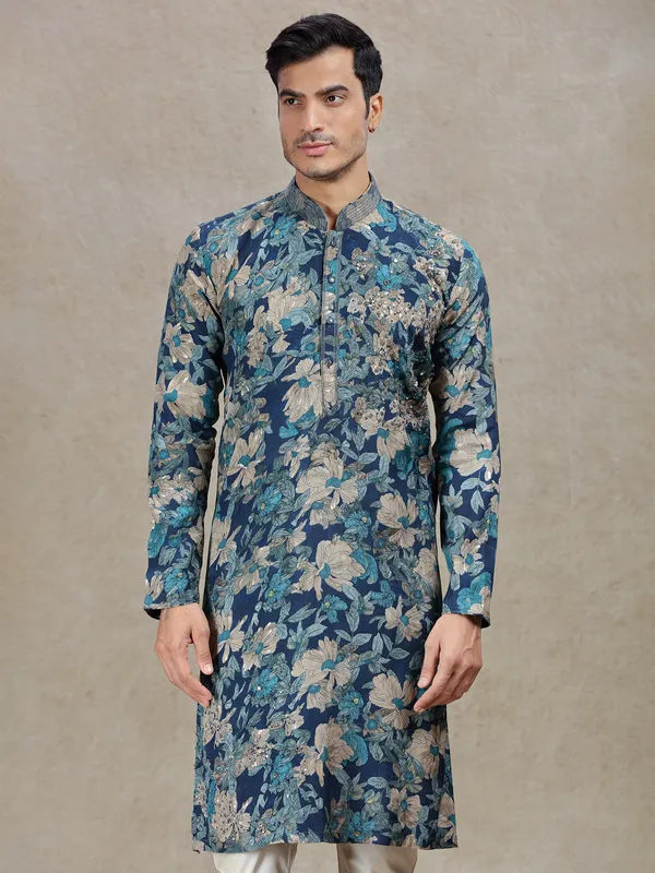 Blue regal elegance printed kurta suit in tussar silk
