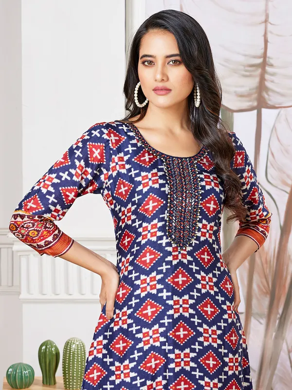 Blue russian silk printed kurti set for festive