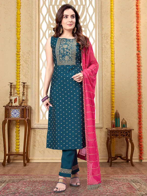 Blue salwar suit with contrast dupatta