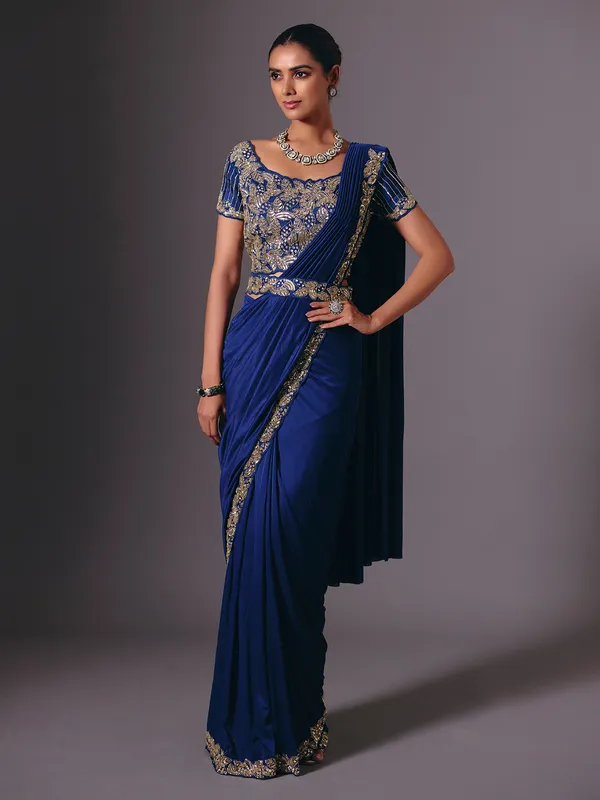 Blue satin lycra saree with sparkling festive embellishments