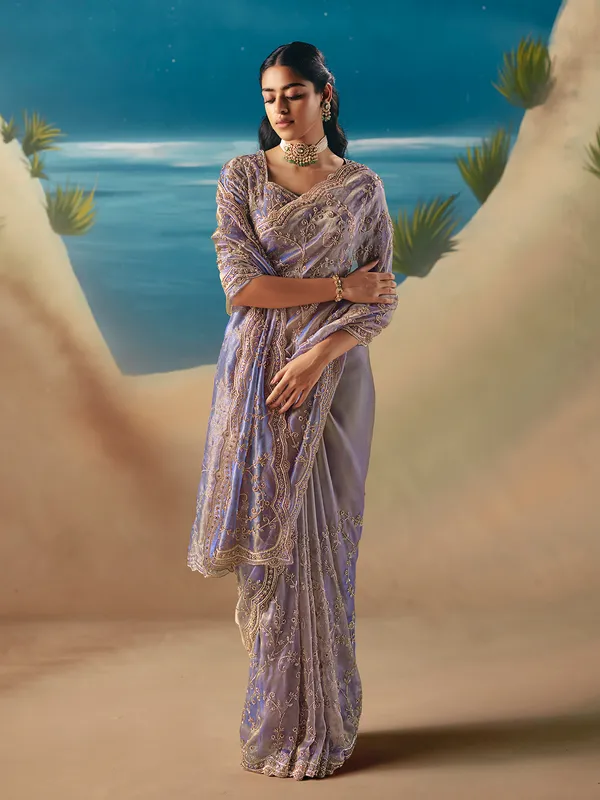 Blue satin organza shimmering designer saree