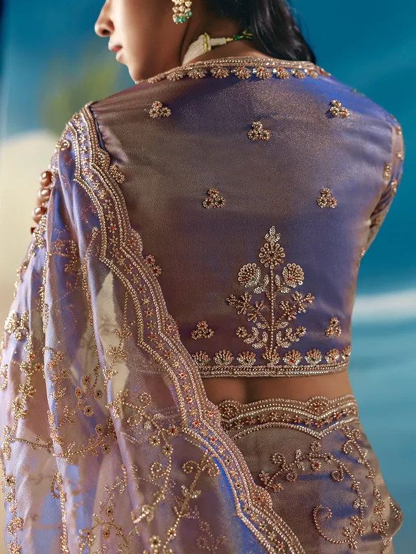 Blue satin organza shimmering designer saree